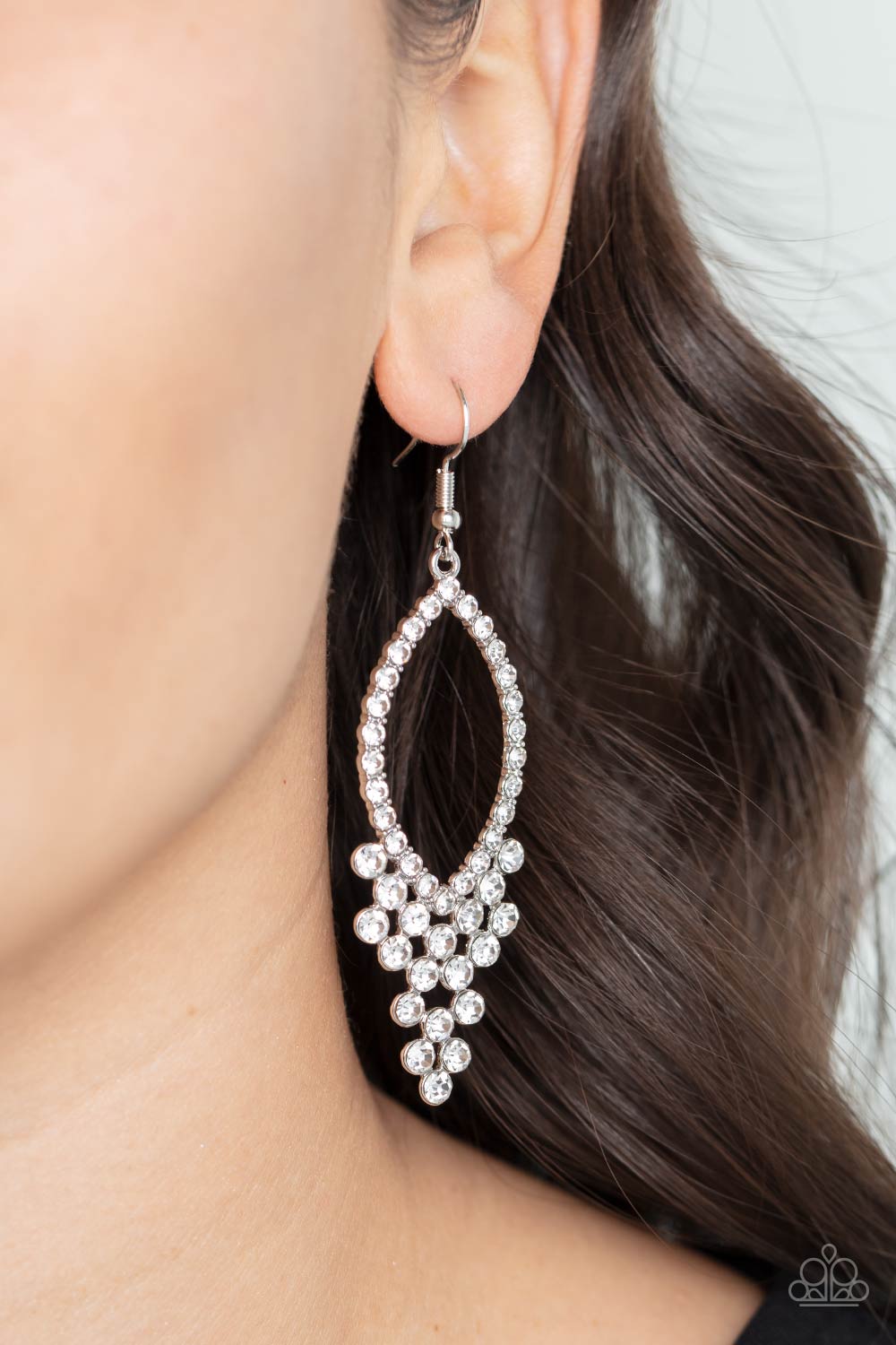 GLOWING off the Deep End - White Rhinestone Teardrop Earring Paparazzi E1062