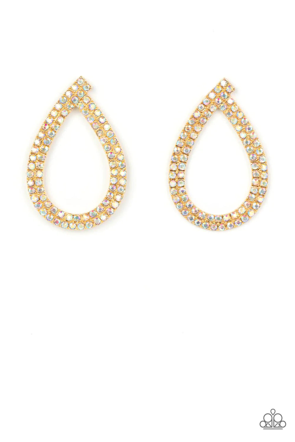 Diva Dust Gold Iridescent Rhinestone Teardrop Post Back Earring Paparazzi E1091