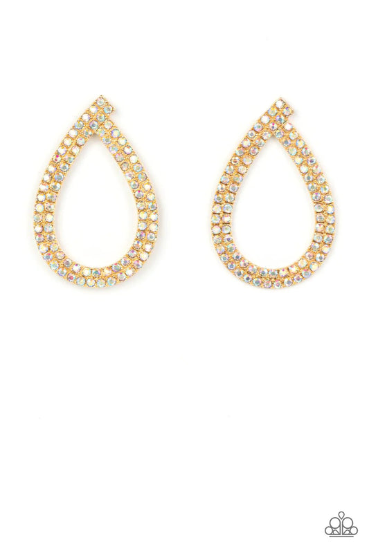 Diva Dust Gold Iridescent Rhinestone Teardrop Post Back Earring Paparazzi E1091