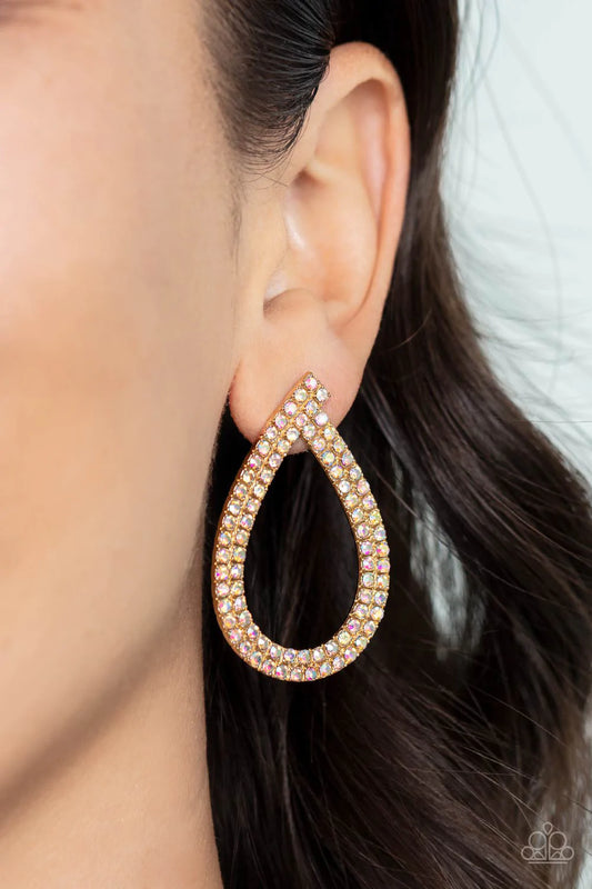 Diva Dust Gold Iridescent Rhinestone Teardrop Post Back Earring Paparazzi E1091