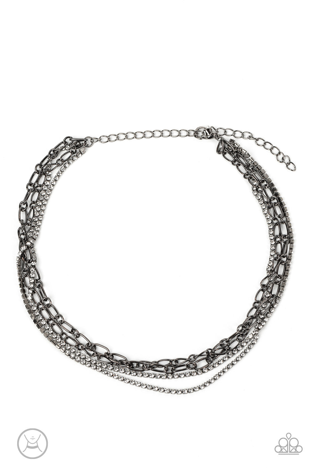 Glitter and Gossip - Black Gunmetal Chain White Rhinestone Choker Necklace Paparazzi N1140