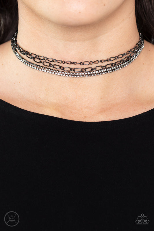 Glitter and Gossip - Black Gunmetal Chain White Rhinestone Choker Necklace Paparazzi N1140