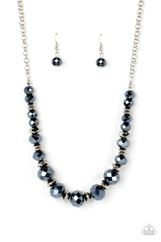 Cosmic Cadence Blue Metallic Crystal Like Gem & Silver Accent Necklace Paparazzi N1150
