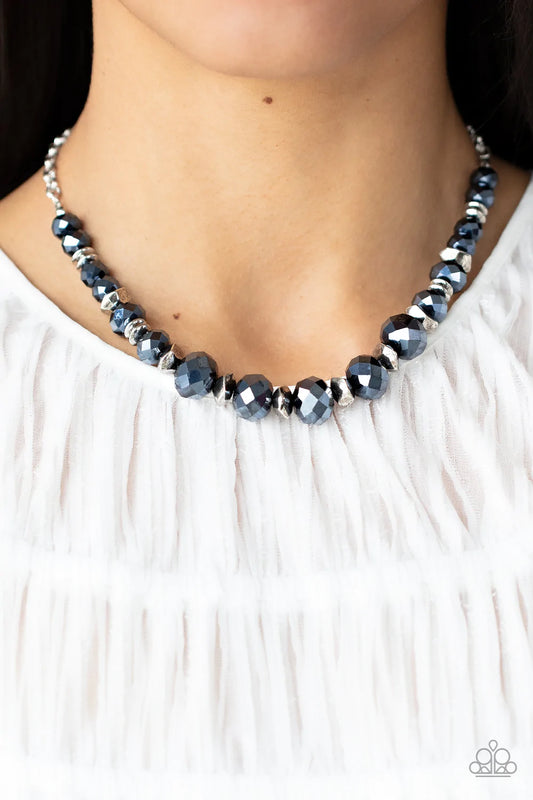 Cosmic Cadence Blue Metallic Crystal Like Gem & Silver Accent Necklace Paparazzi N1150