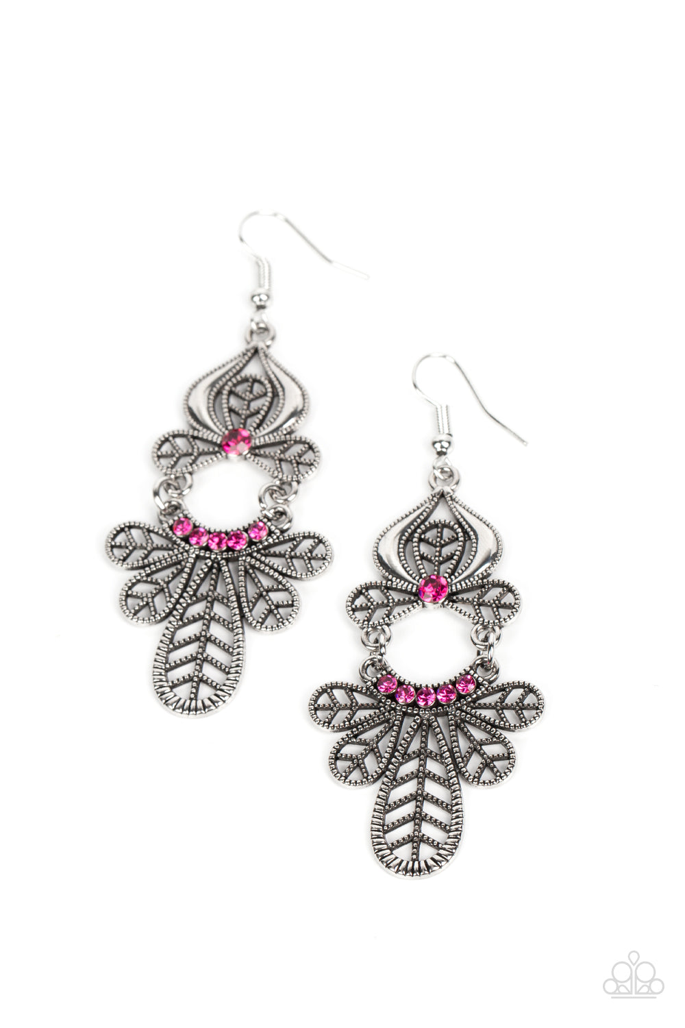 Galapagos Gala - Pink Rhinestone Leafy Silver Earring Paparazzi E1568