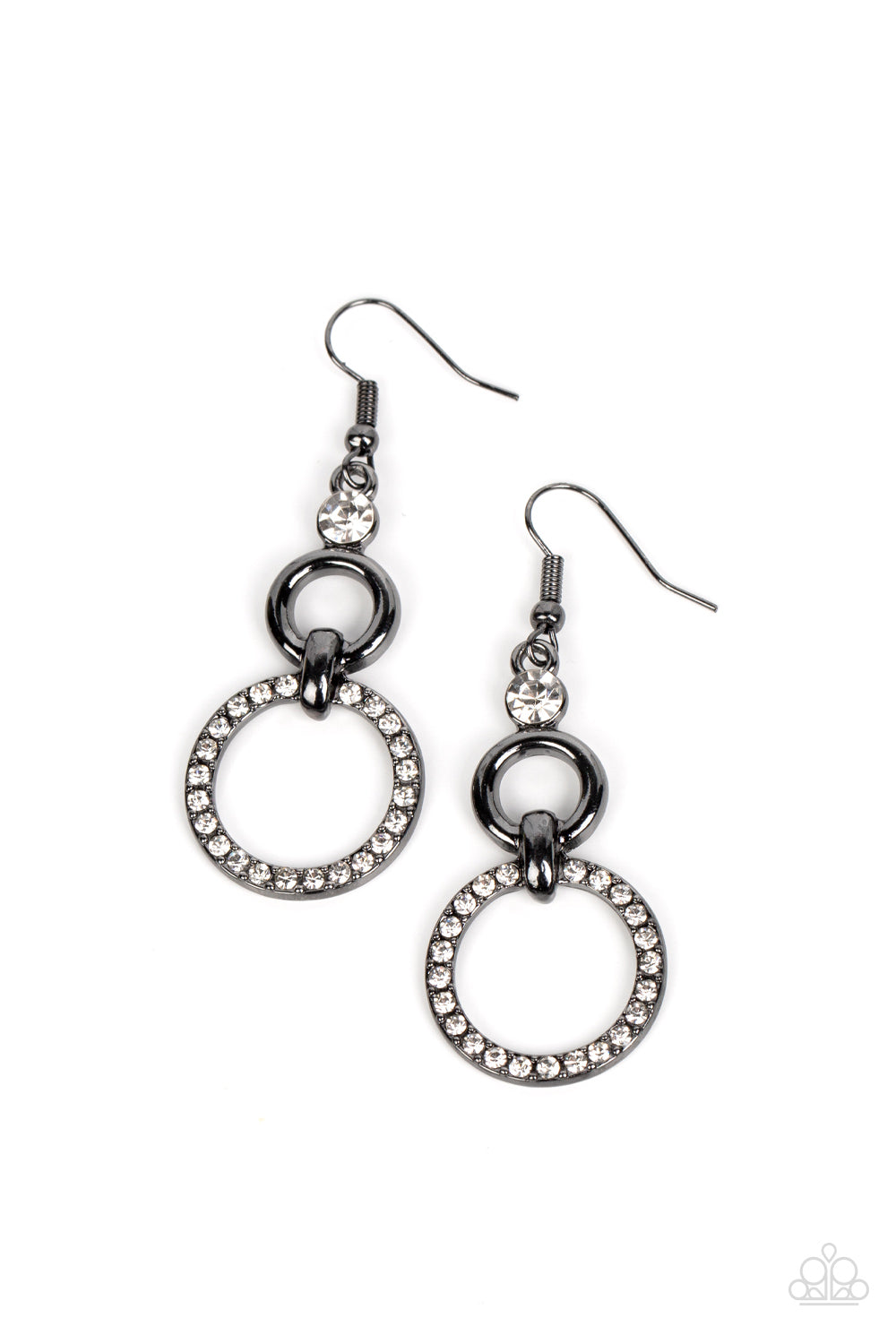 Bauble Bliss - Black Gunmetal Ring & White Rhinestone Earring Paparazzi E1659