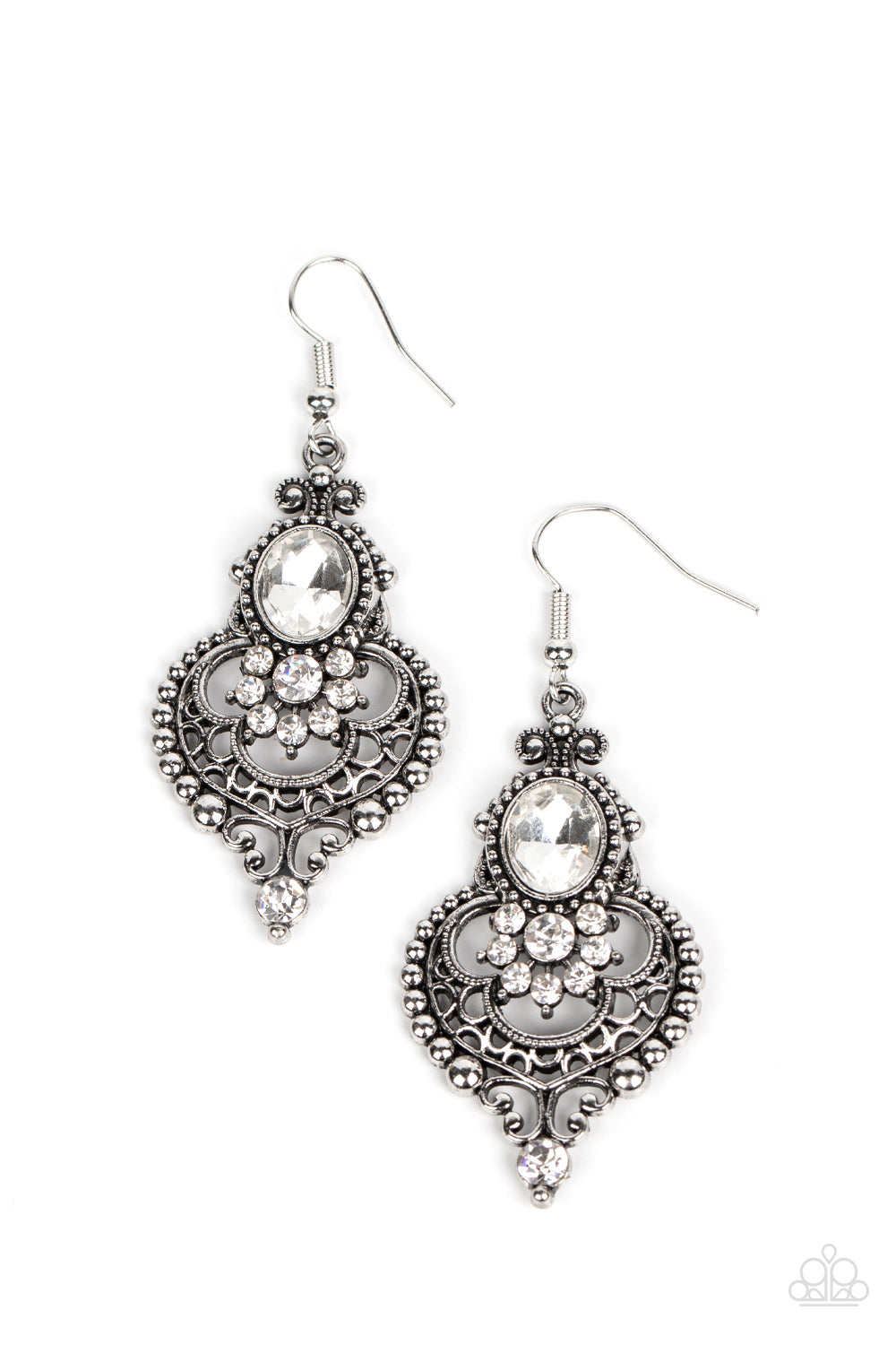 Castle Chateau - White Rhinestone Floral Accent Filigree Earring Paparazzi E1742