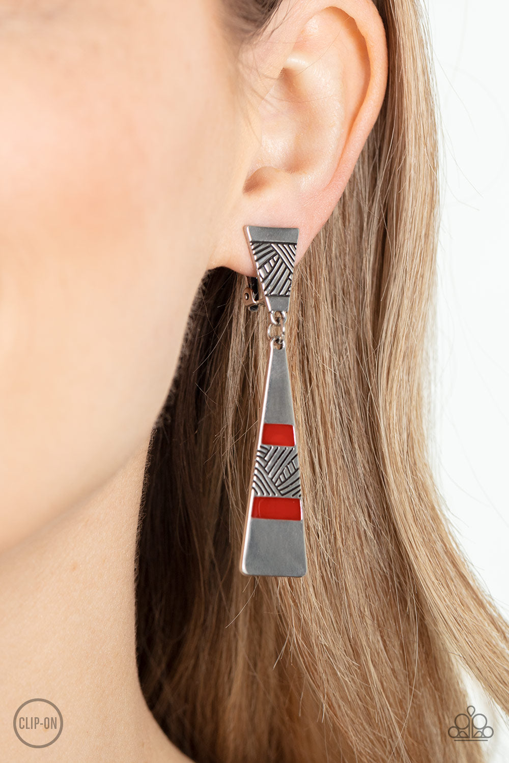 Safari Seeker - Red Antiqued Silver Clip On Earring Paparazzi E1123