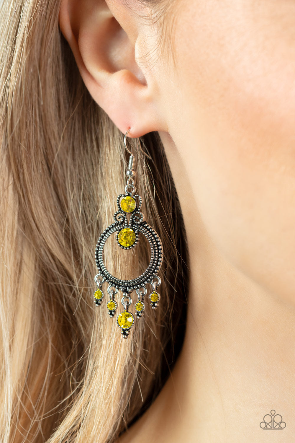 Palace Politics - Yellow Rhinestone Filigree Earring Paparazzi E1312