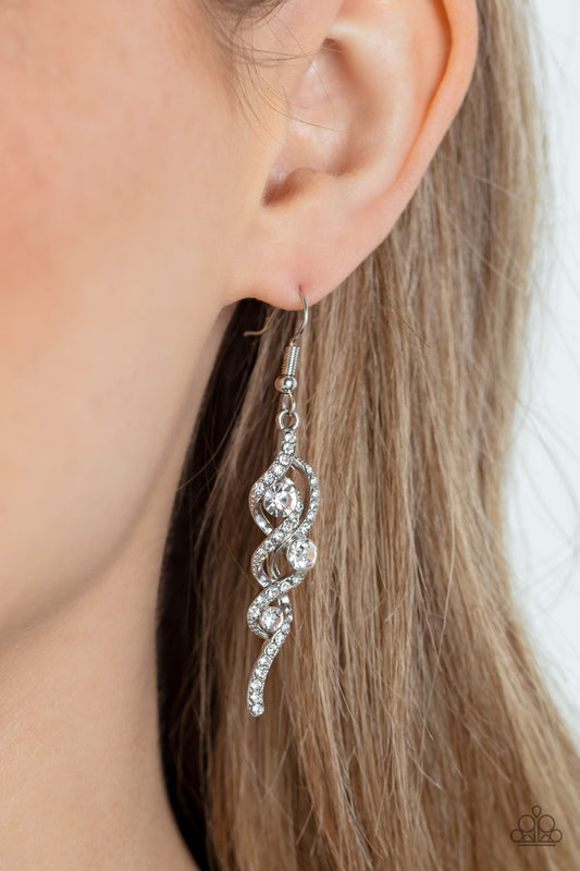 Highly Flammable - White Rhinestone Flame Earring Paparazzi E0970