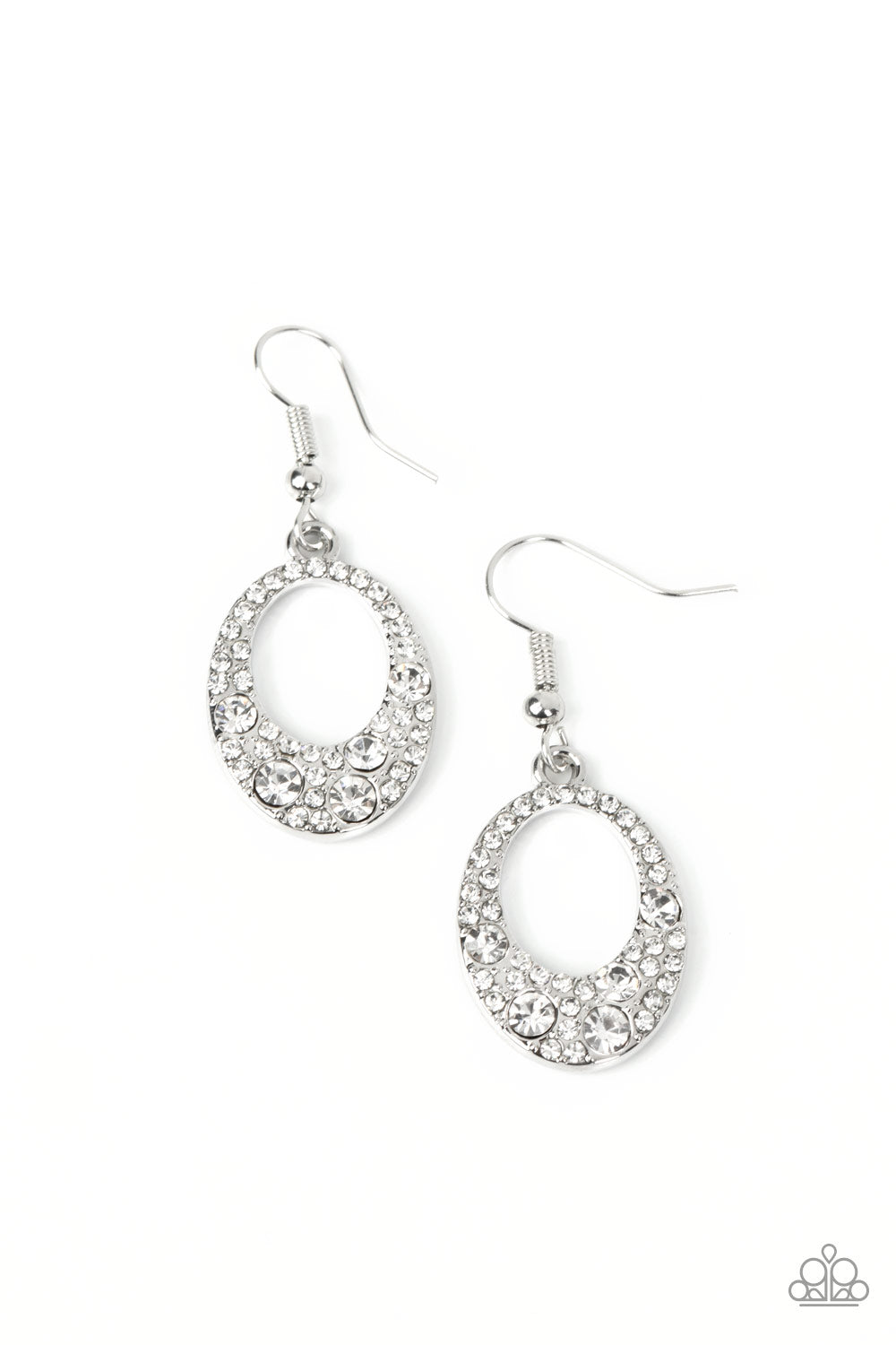 Showroom Sizzle - White Rhinestone Oval Silver Earring Paparazzi E1633