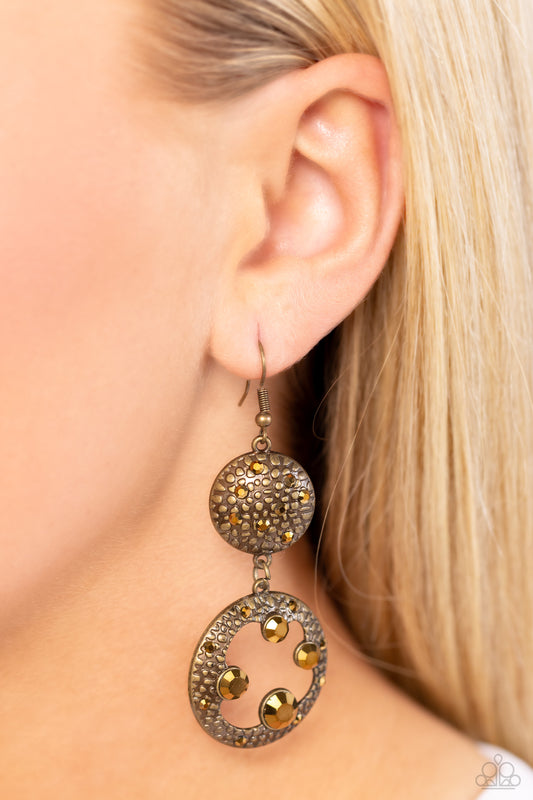 Eastern Entrada - Brass Aurum Rhinestone Embossed Earring Paparazzi E1842