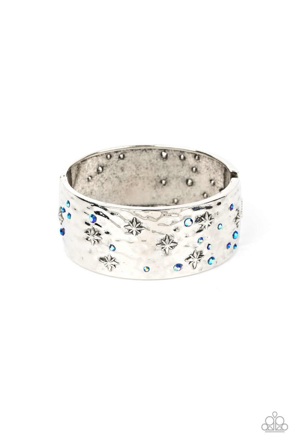 Across the Constellations - Blue Iridescent Rhinestone Silver Stars Hinged Bracelet Paparazzi B0265