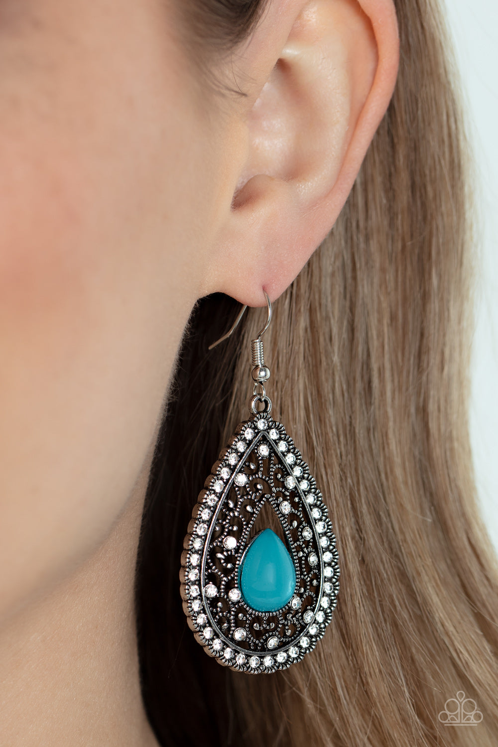 Cloud Nine Couture - Blue Teardrop Silver Filigree Earring Paparazzi E0811