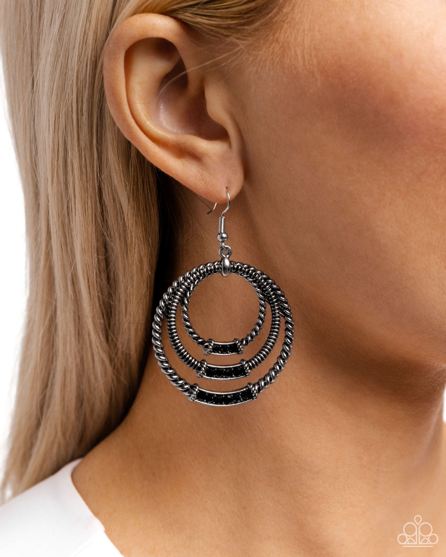 Contemporary Culture - Black Rhinestone Silver Earring Paparazzi E1975