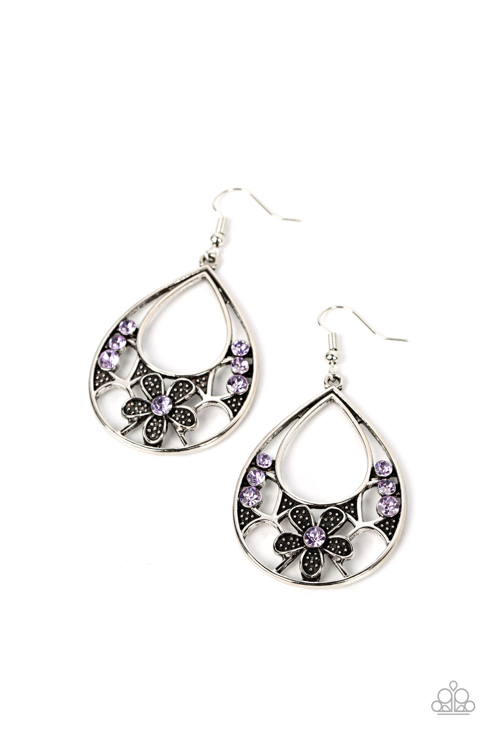 Meadow Marvel - Purple Rhinestone Floral Flower Teardrop Earring Paparazzi E0805