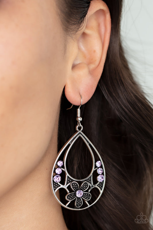 Meadow Marvel - Purple Rhinestone Floral Flower Teardrop Earring Paparazzi E0805