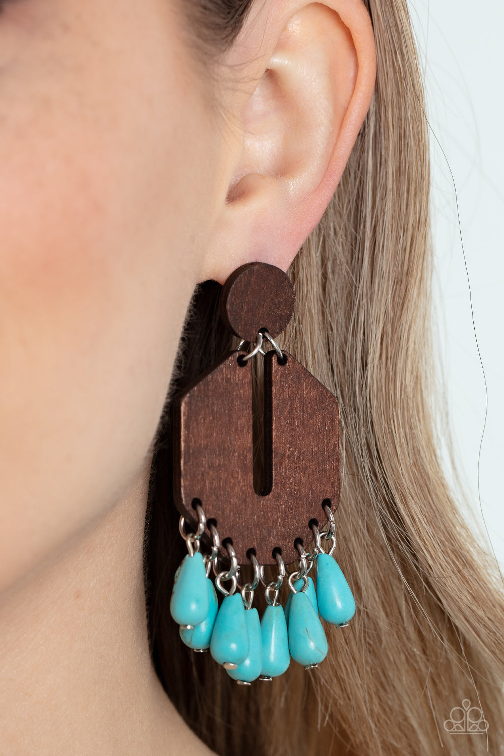 Western Retreat - Blue Turquoise & Wooden Santa Fe Style Earring Paparazzi E1482