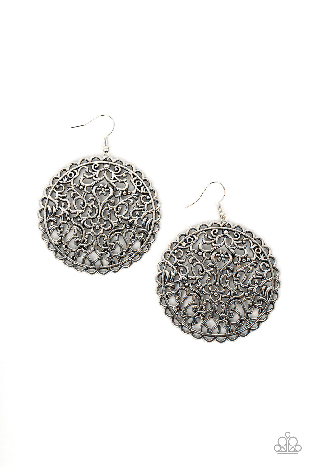 The Whole Nine VINEYARDS - Silver Flowery Vine Earring Paparazzi E0933