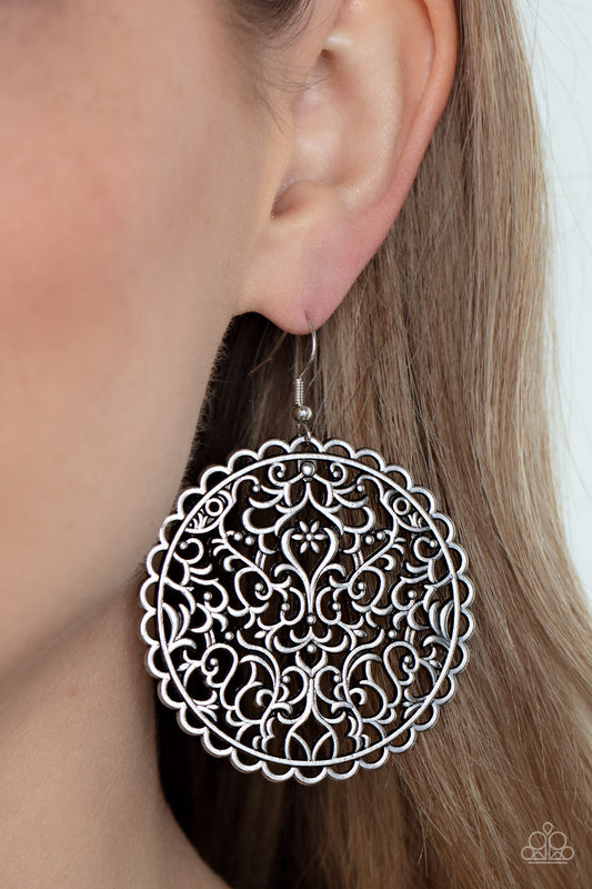 The Whole Nine VINEYARDS - Silver Flowery Vine Earring Paparazzi E0933