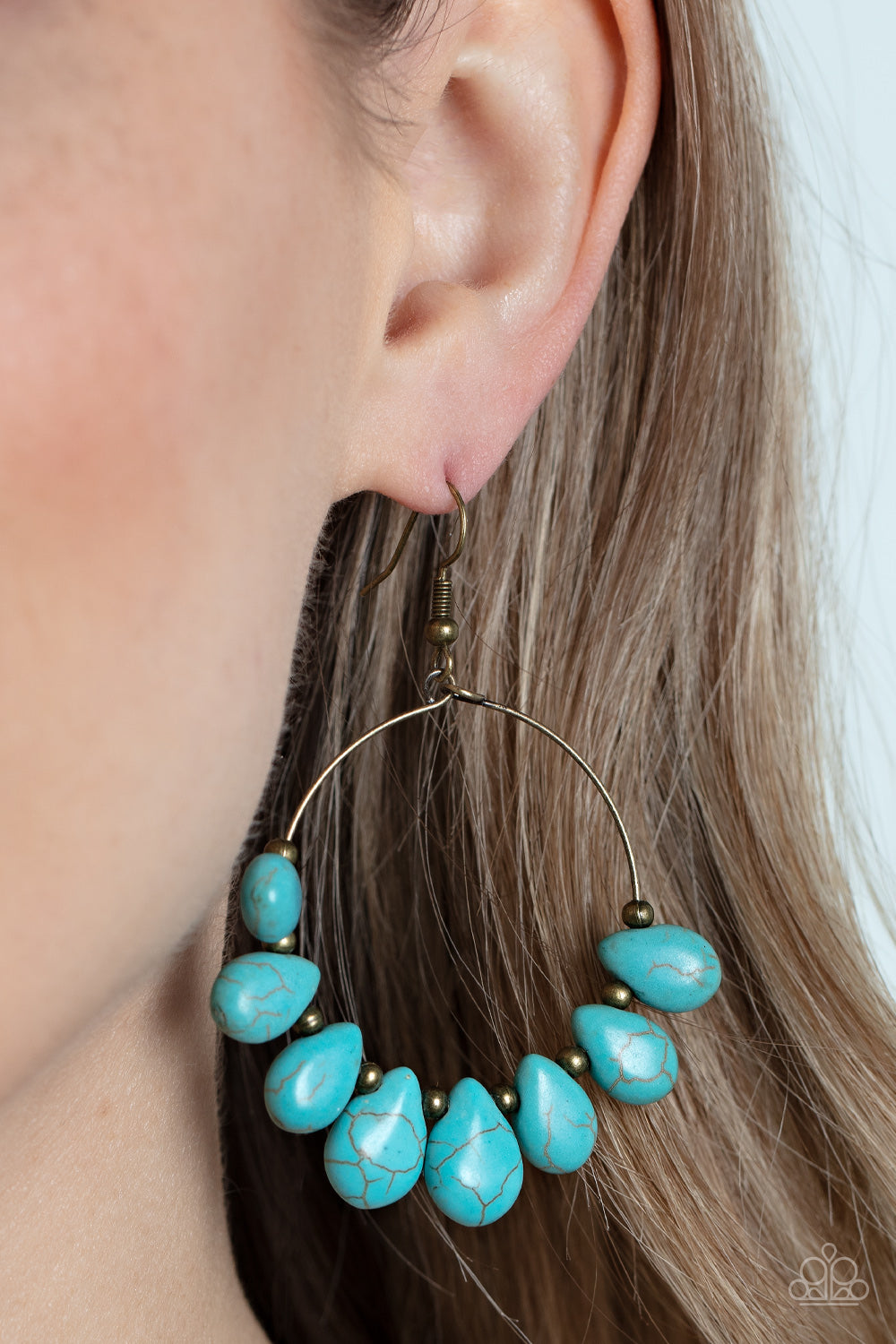 Canyon Quarry - Brass Blue Teardrop Turquoise Stone Santa Fe Style Earring Paparazzi E1231