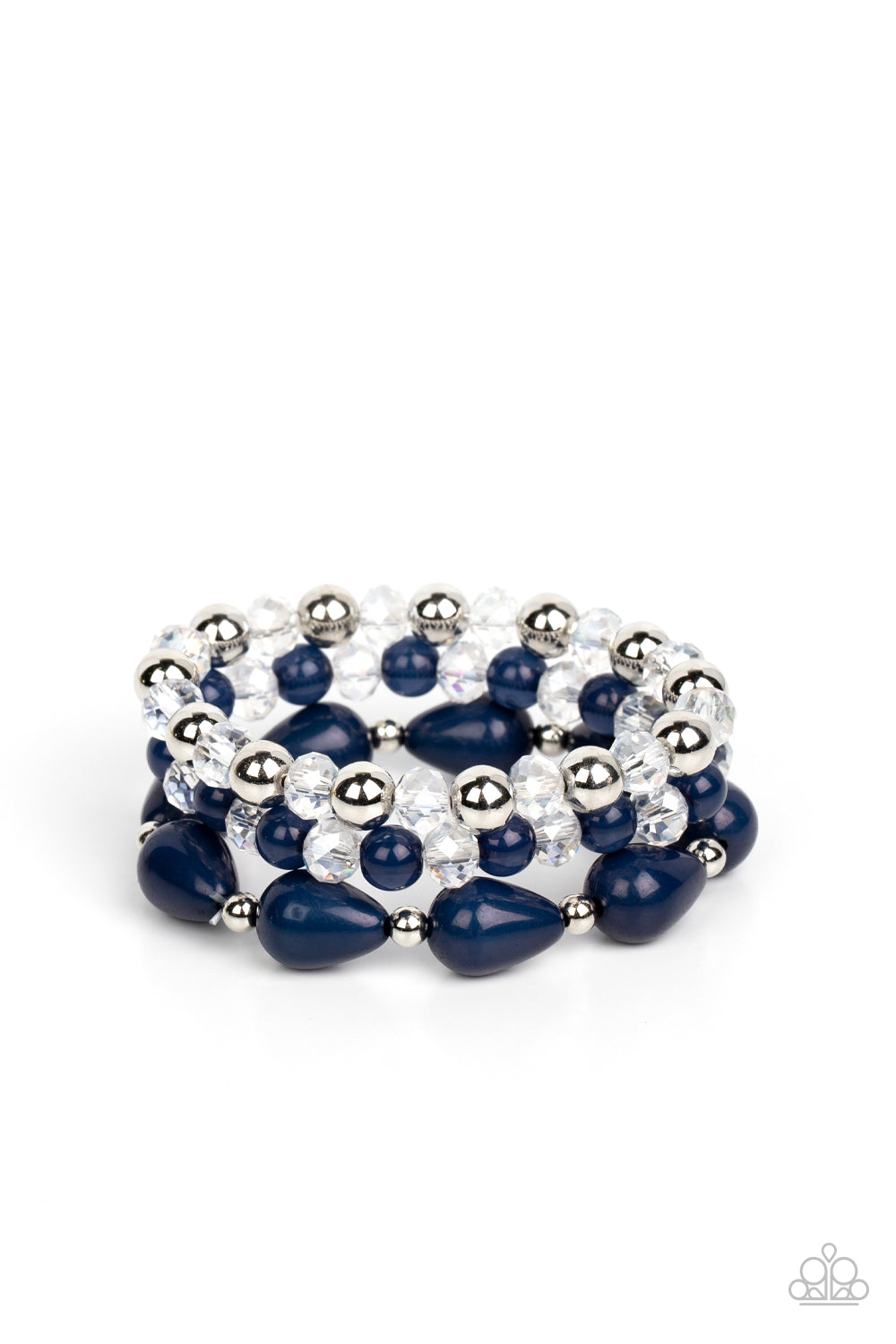 Beachside Brunch - Blue Navy Teardrop White Crystal Silver Bead Bracelets Paparazzi B0627