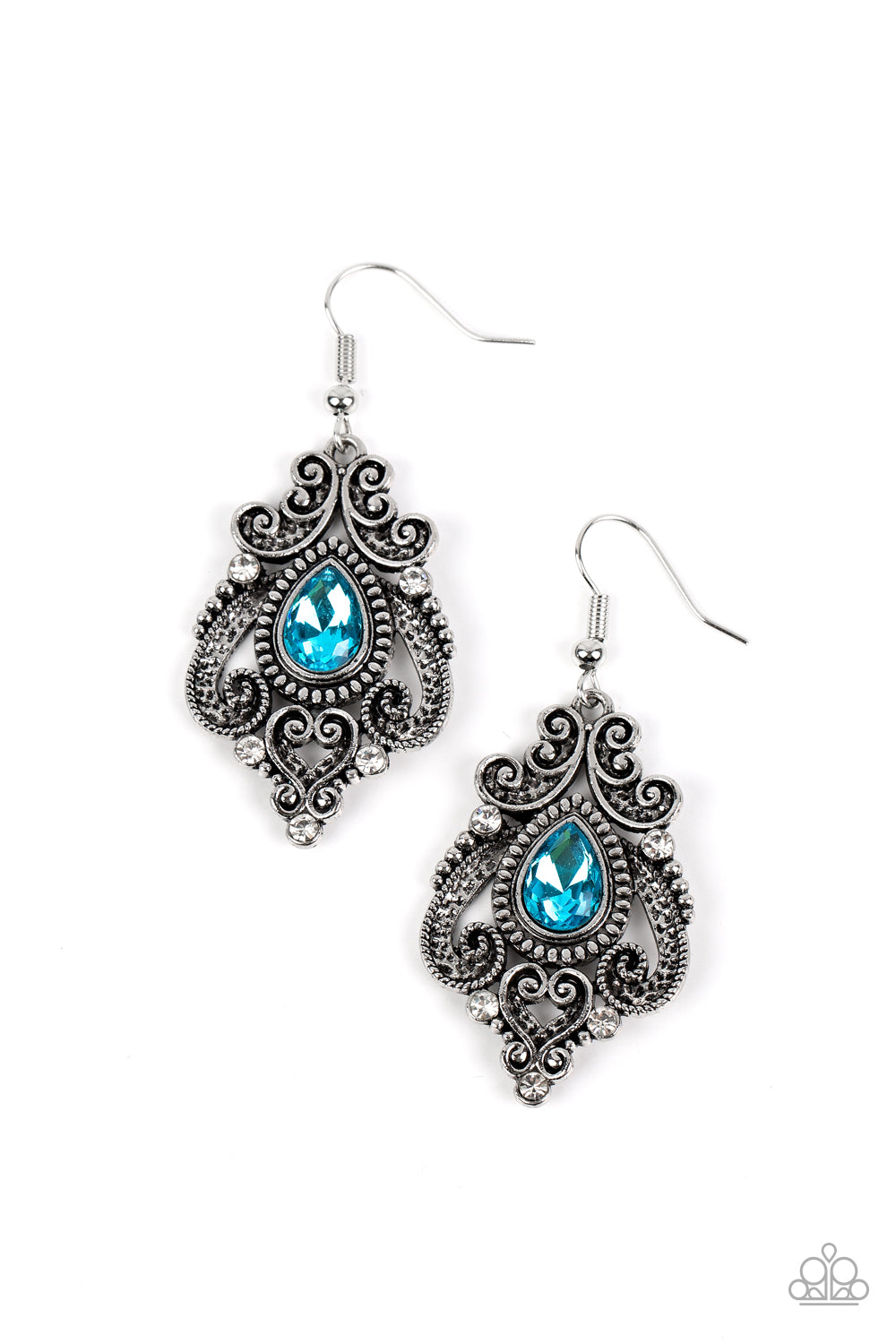 Palace Perfection - Blue Glittery Teardrop Antiqued Silver Earring Paparazzi E1176