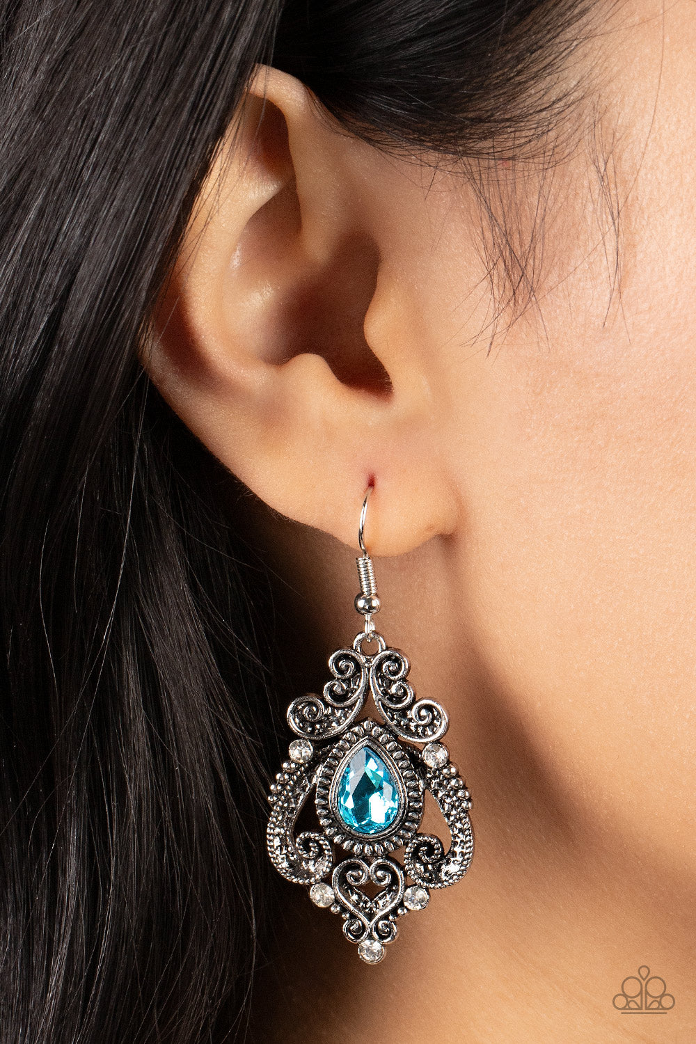 Palace Perfection - Blue Glittery Teardrop Antiqued Silver Earring Paparazzi E1176