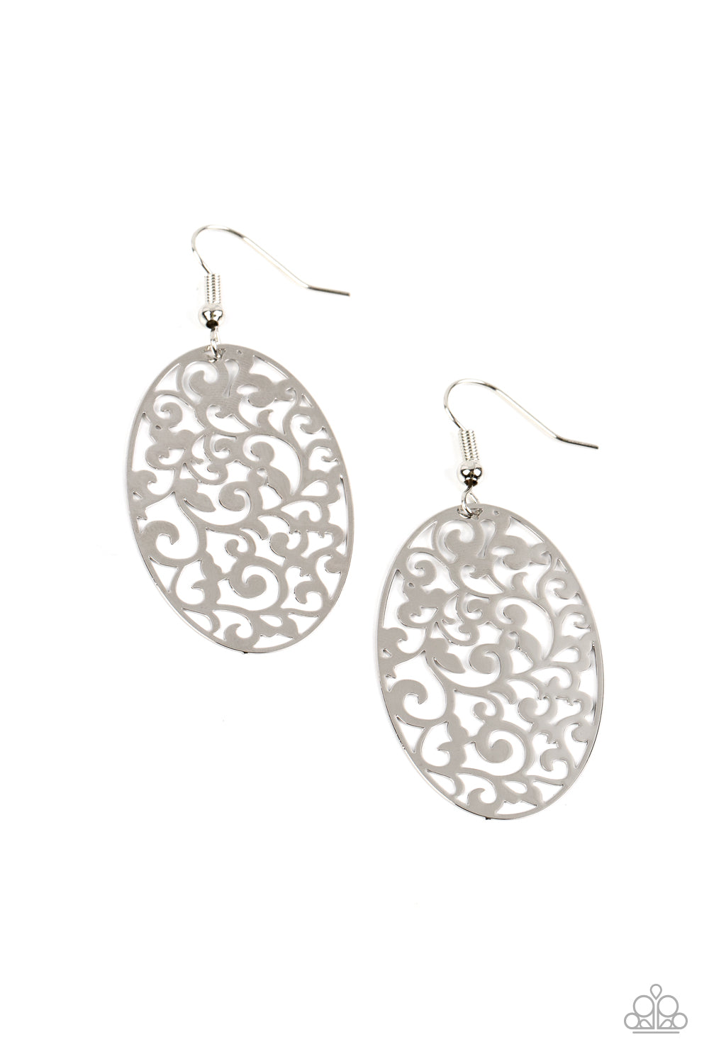 Secret Orchards - Silver Vine Like Filigree Oval Earring Paparazzi E1109