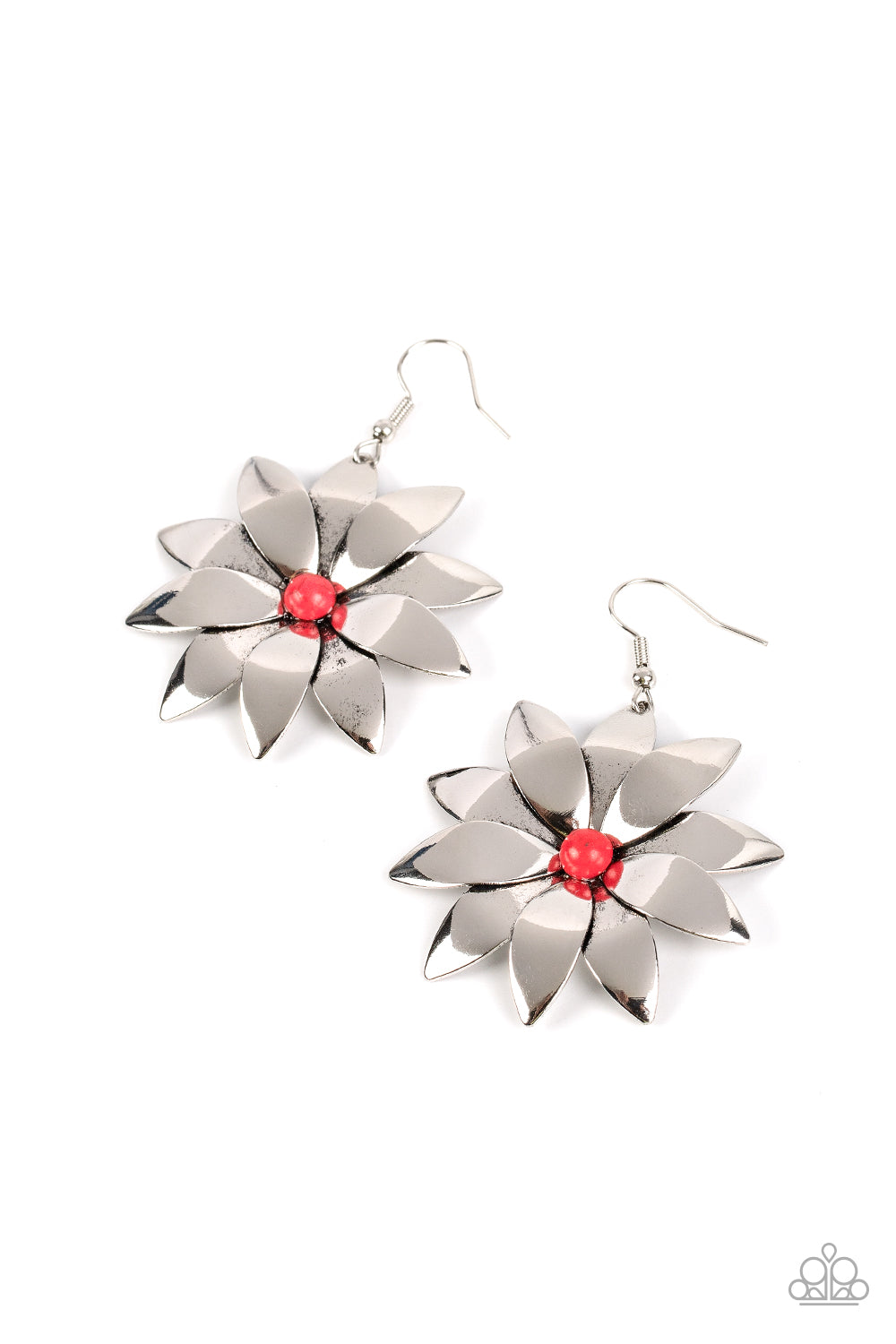 Pinwheel Prairies - Red Stone Bead Silver Flower Santa Fe Style Earring Paparazzi E1378