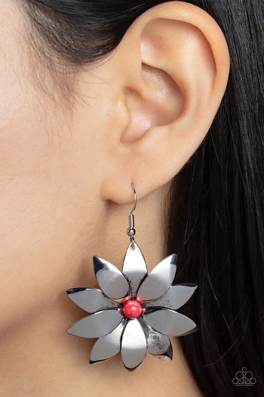 Pinwheel Prairies - Red Stone Bead Silver Flower Santa Fe Style Earring Paparazzi E1378