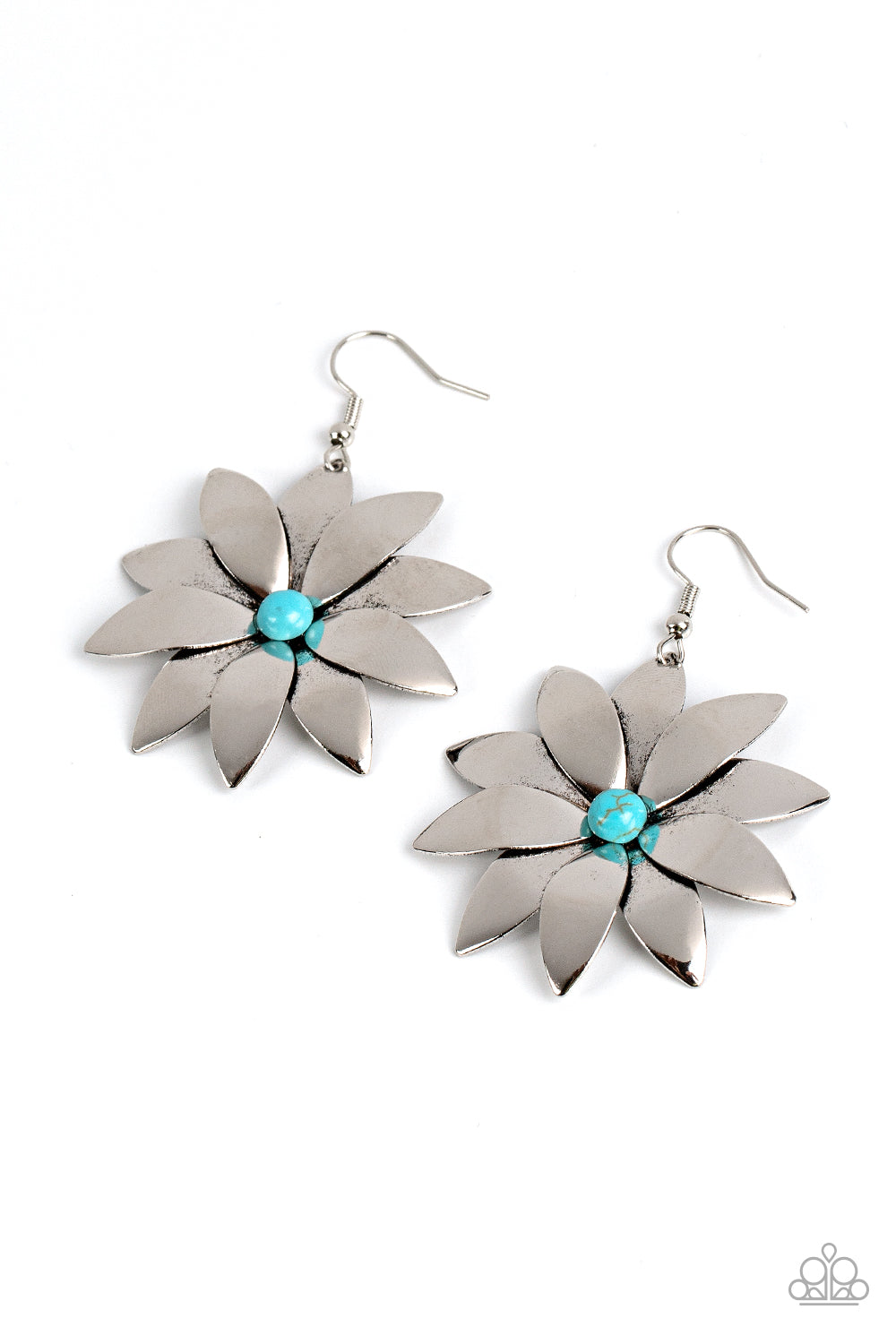 Pinwheel Prairies - Blue Turquoise Stone Bead Silver Flower Santa Fe Style Earring Paparazzi E1343