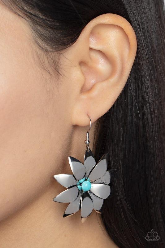 Pinwheel Prairies - Blue Turquoise Stone Bead Silver Flower Santa Fe Style Earring Paparazzi E1343