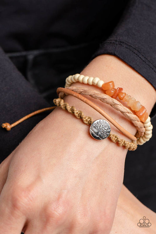 Treetop Trail Guide - Orange Stone, Brown Suede Urban Bracelet Paparazzi B0956