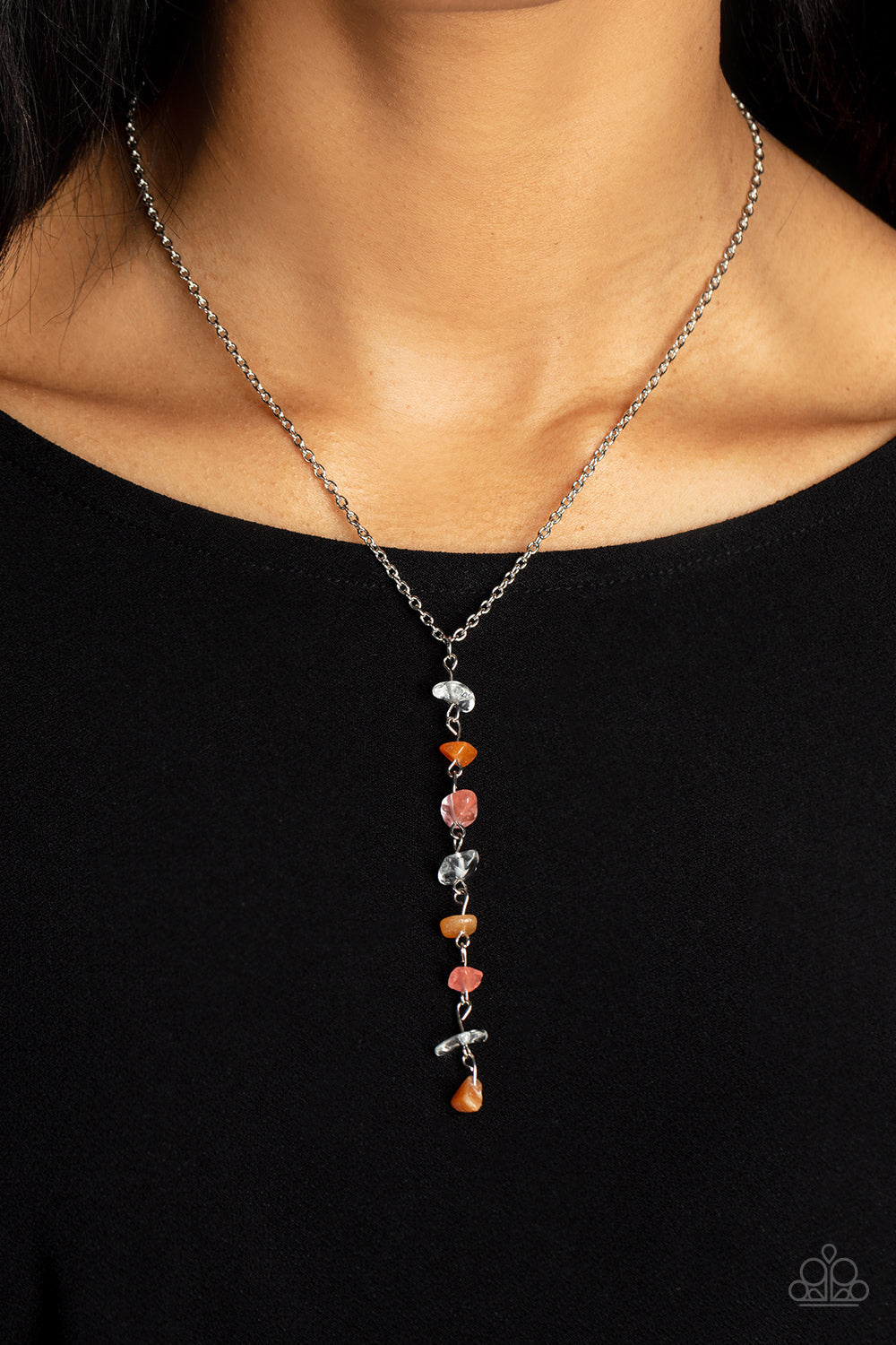 Tranquil Tidings - Orange Citrine & Rose Quartz Pebble Silver Necklace Paparazzi n1600