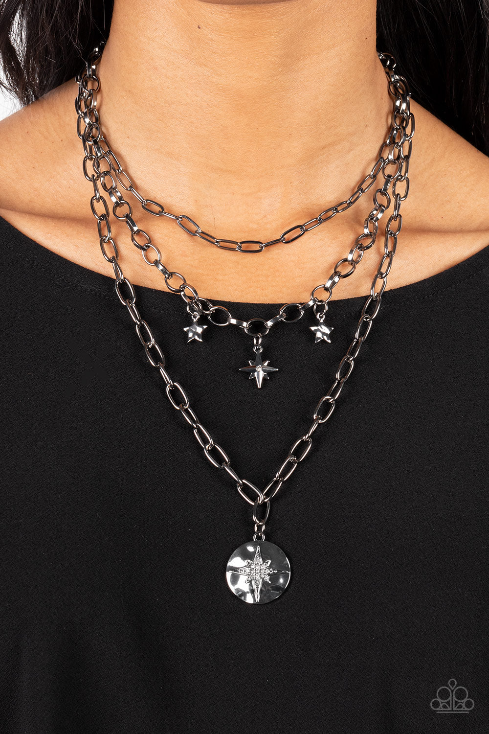 Under the Northern Lights - Black Gunmetal Hammered Rhinestone Star Necklace Paparazzi N0986