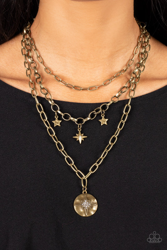 Under the Northern Lights - Brass Stars And White Rhinestone Necklace Paparazzi N1108