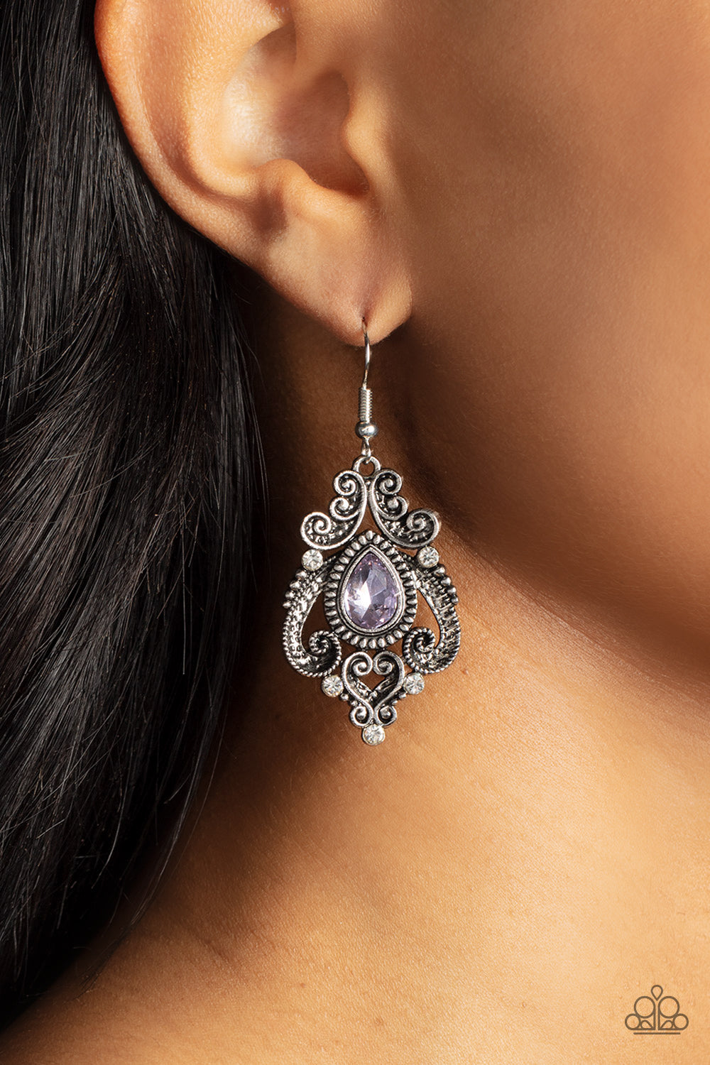 Palace Perfection - Purple Teardrop Silver Heart Earring Paparazzi E0704