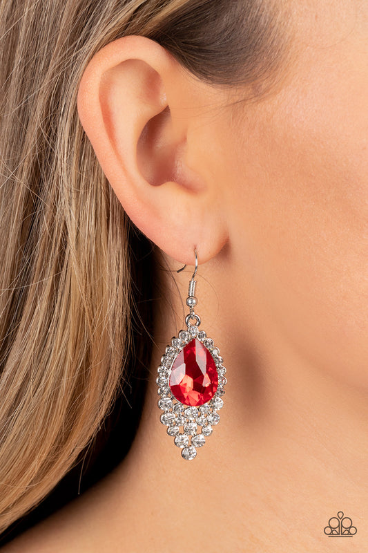 Glorious Glimmer - Red Teardrop Gem & White Rhinestone Earring Paparazzi E1483