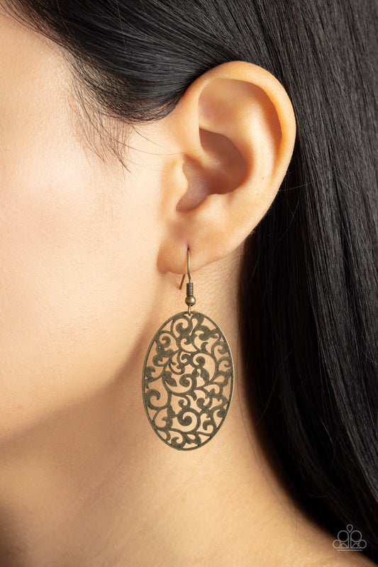 Secret Orchards - Brass Antiqued Vine Filigree Earring Paparazzi E1093