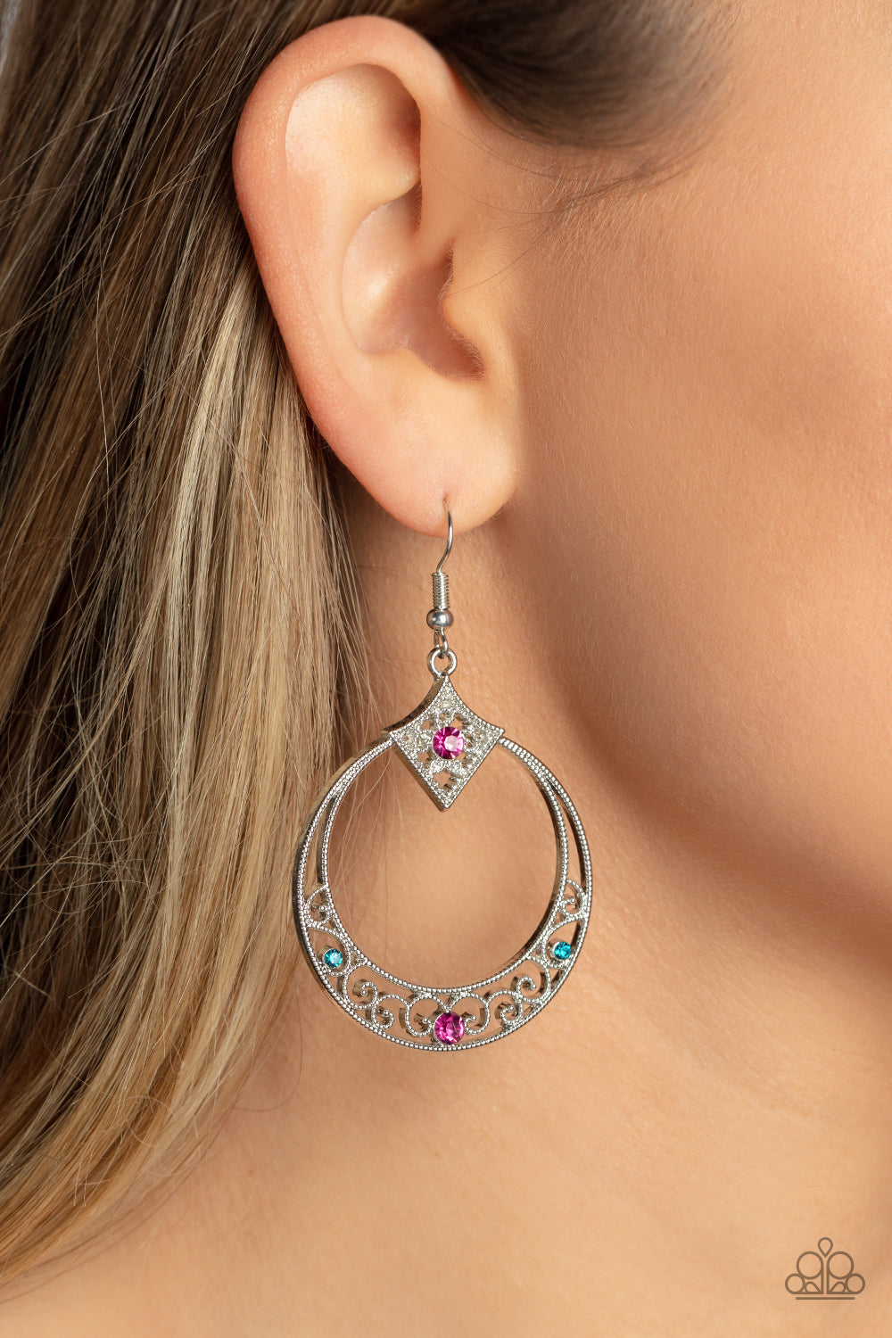 Royal Resort - Multi Pink And Blue Rhinestone Filigree Earring Paparazzi E0849