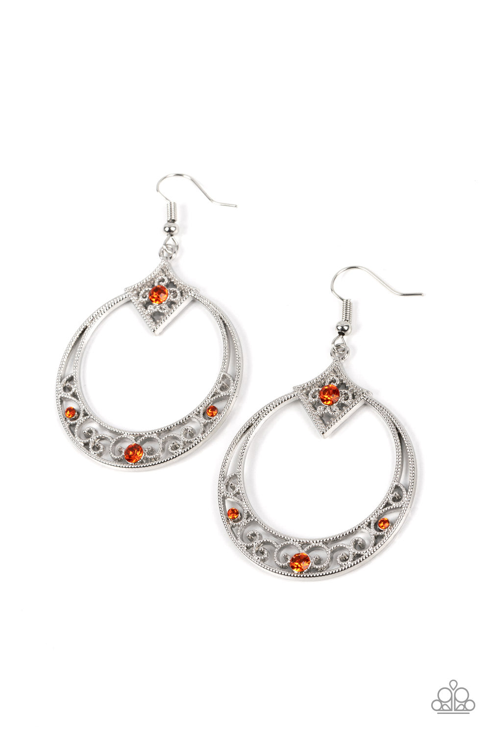 Royal Resort - Orange Rhinestone Silver Filigree Earring Paparazzi E1268