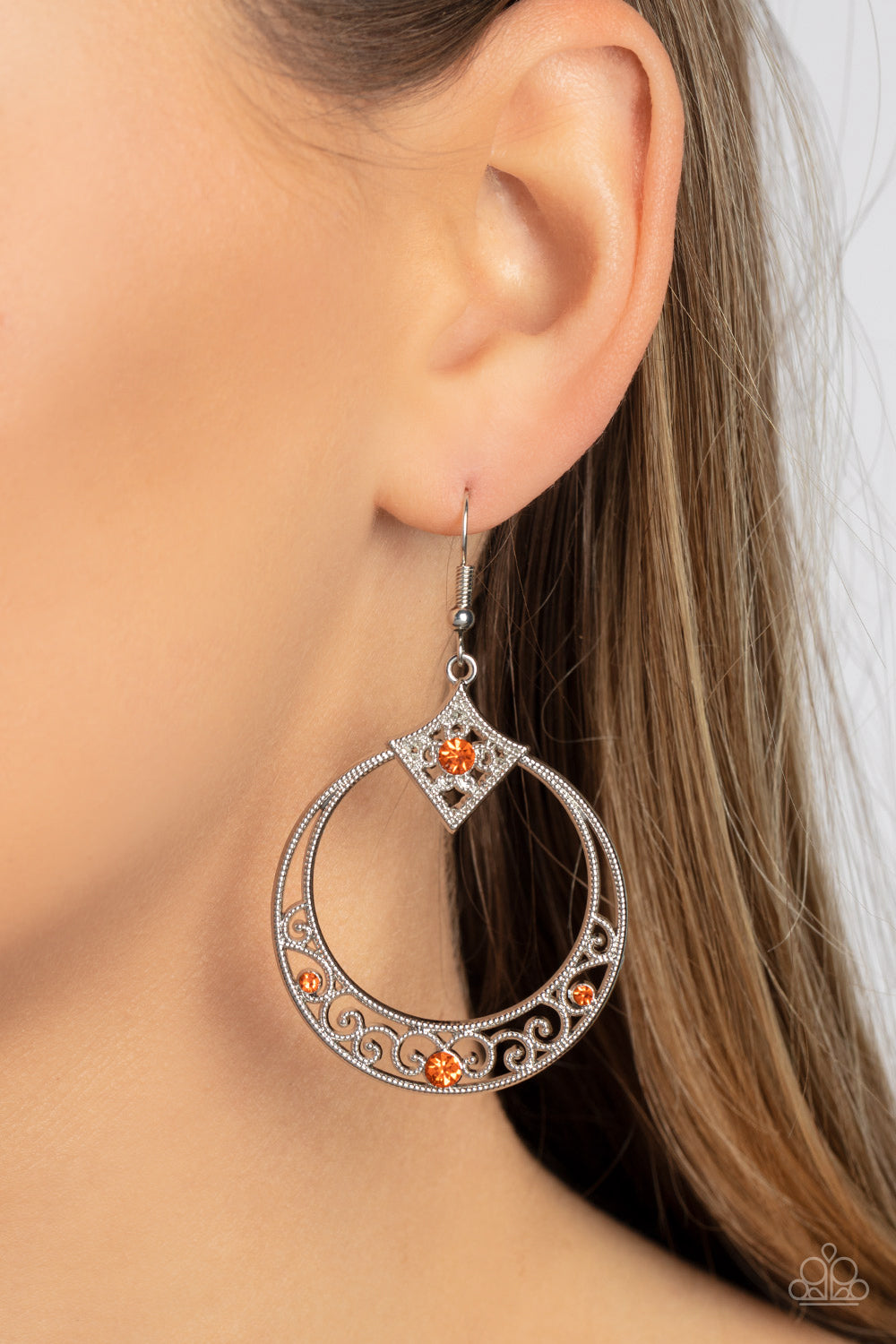 Royal Resort - Orange Rhinestone Silver Filigree Earring Paparazzi E1268