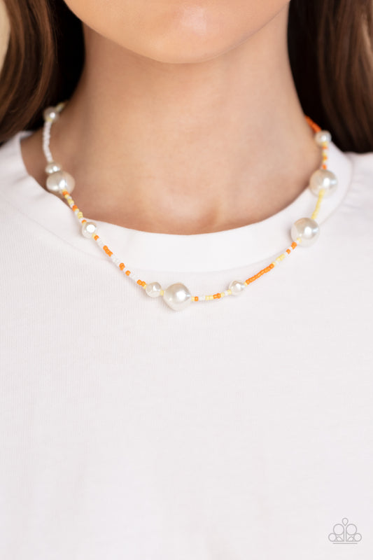 Modern Marina - Orange, Yellow and White Seed Bead With Pearl Necklace Paparazzi N1133