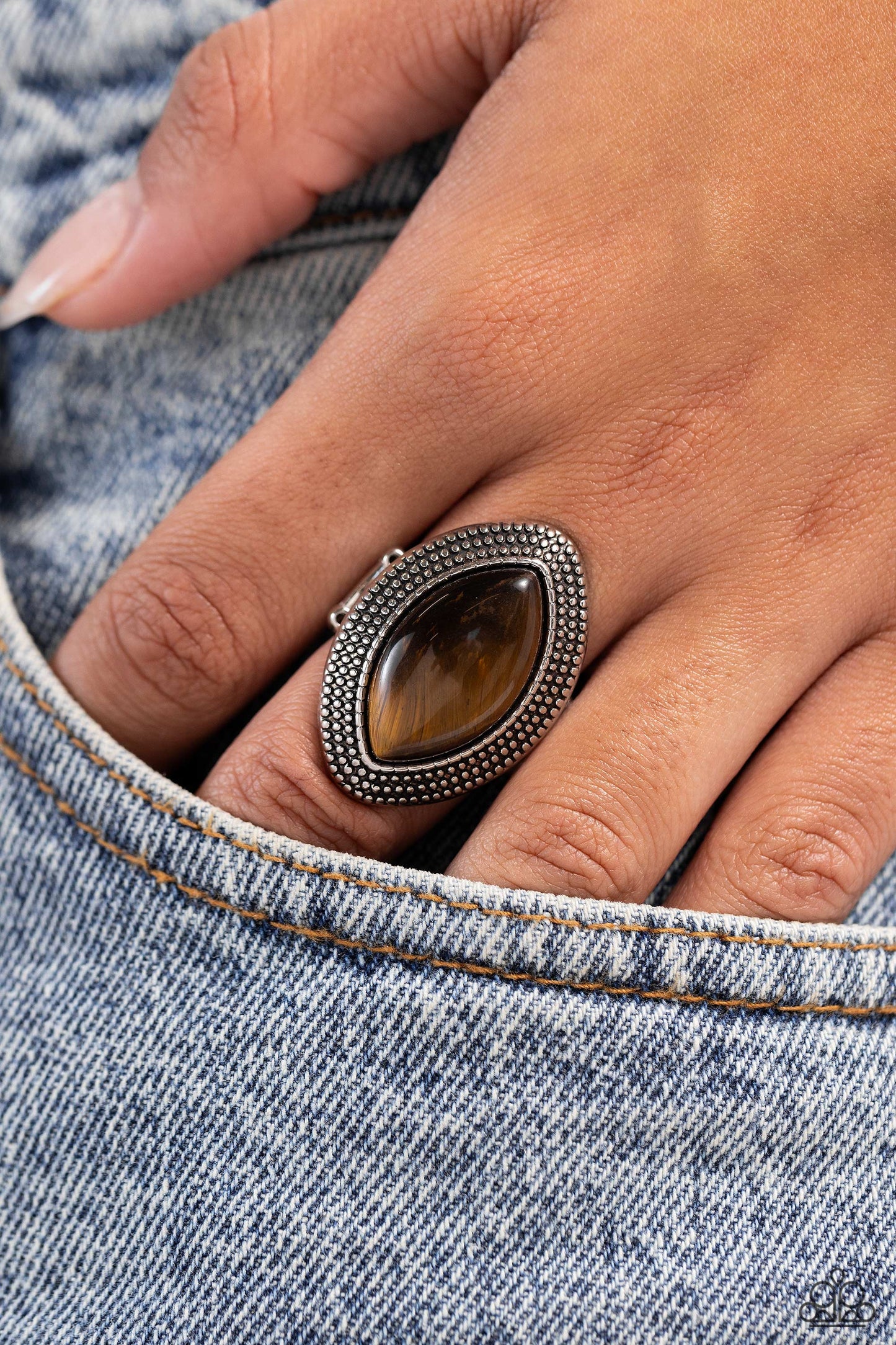 Artisanal Apothecary - Brown Tiger's Eye Stone Antiqued Silver Ring Paparazzi R0196