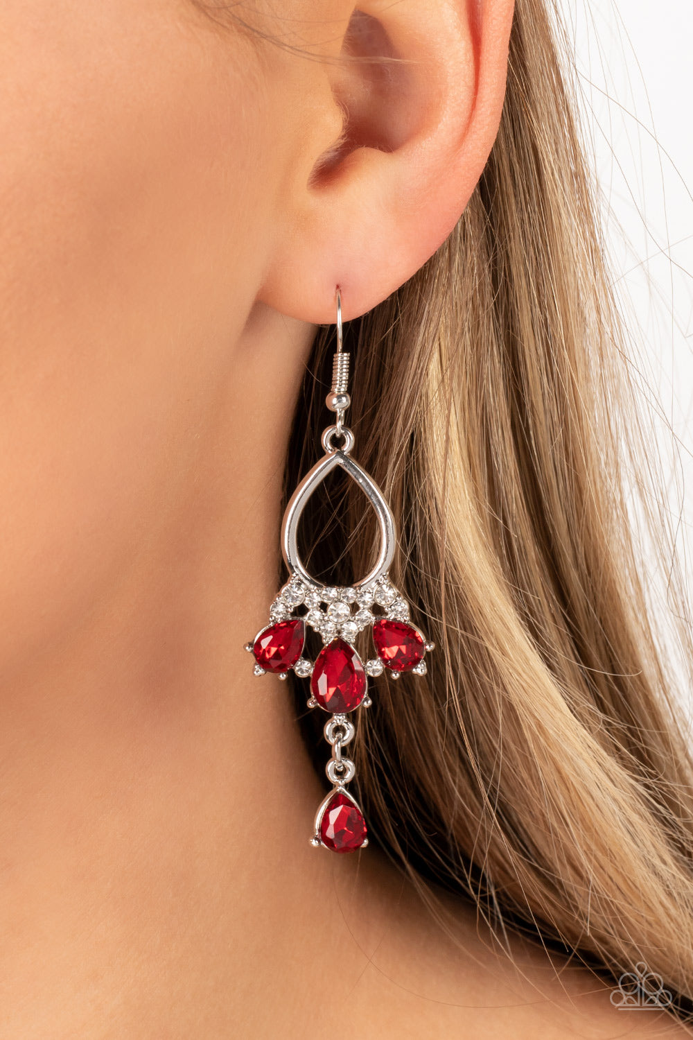 Coming in Clutch - Red Teardrop Rhinestone Earring Paparazzi E1186