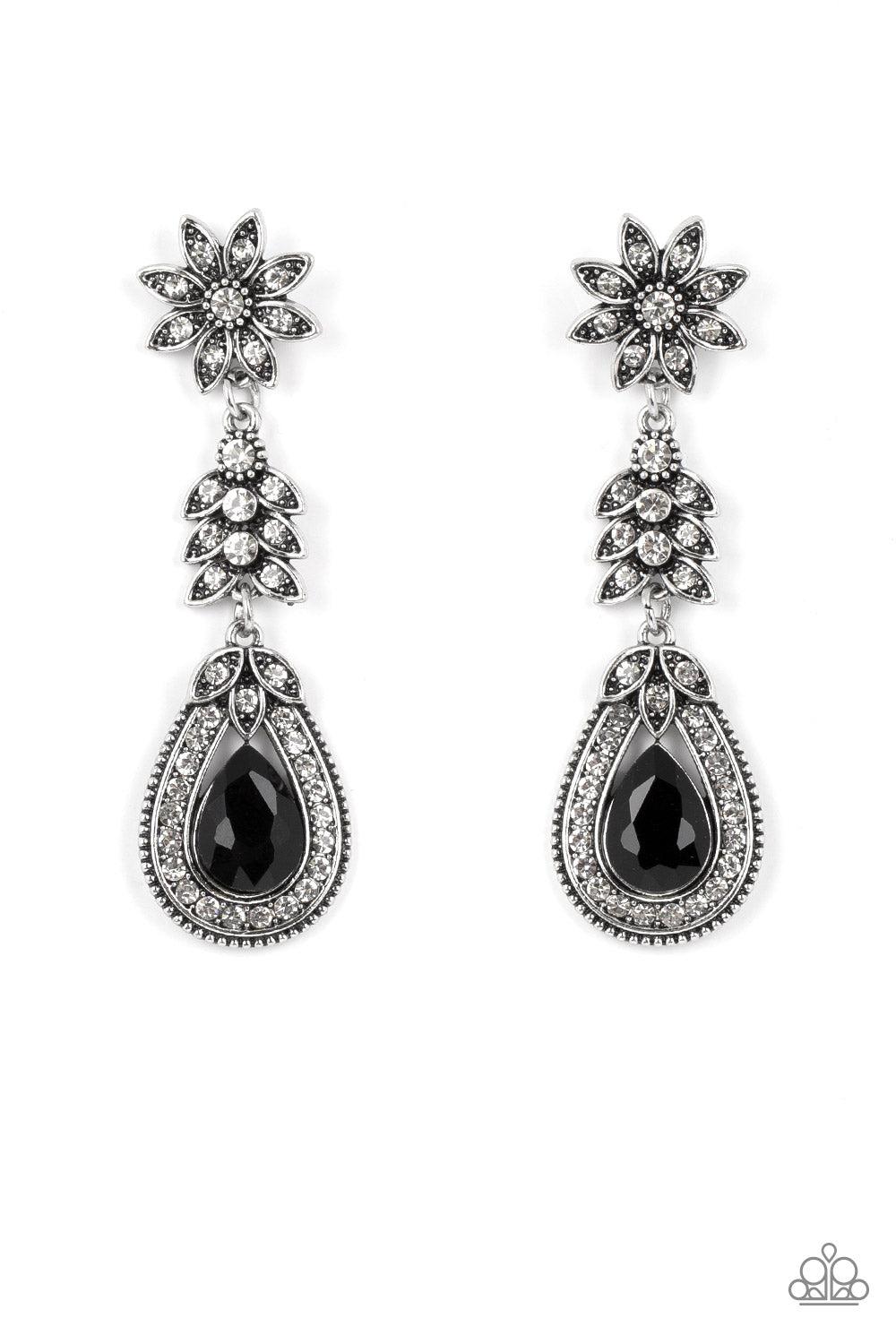 Floral Fantasy - Black Teardrop White Rhinestone Silver Flower Earring Paparazzi E0812