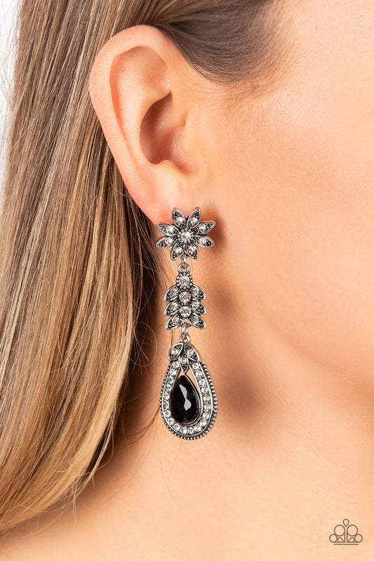 Floral Fantasy - Black Teardrop White Rhinestone Silver Flower Earring Paparazzi E0812