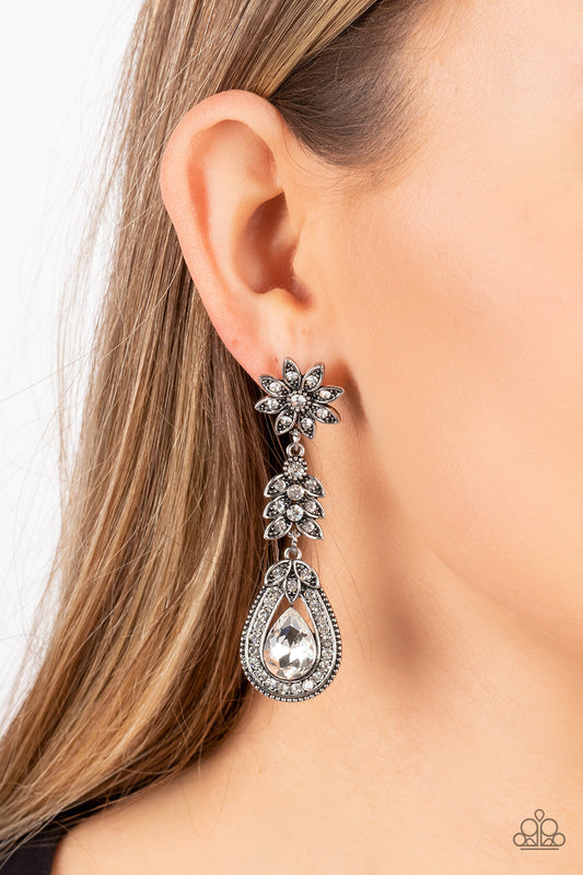 Floral Fantasy - White Teardrop Flower Post Earring Paparazzi E0843