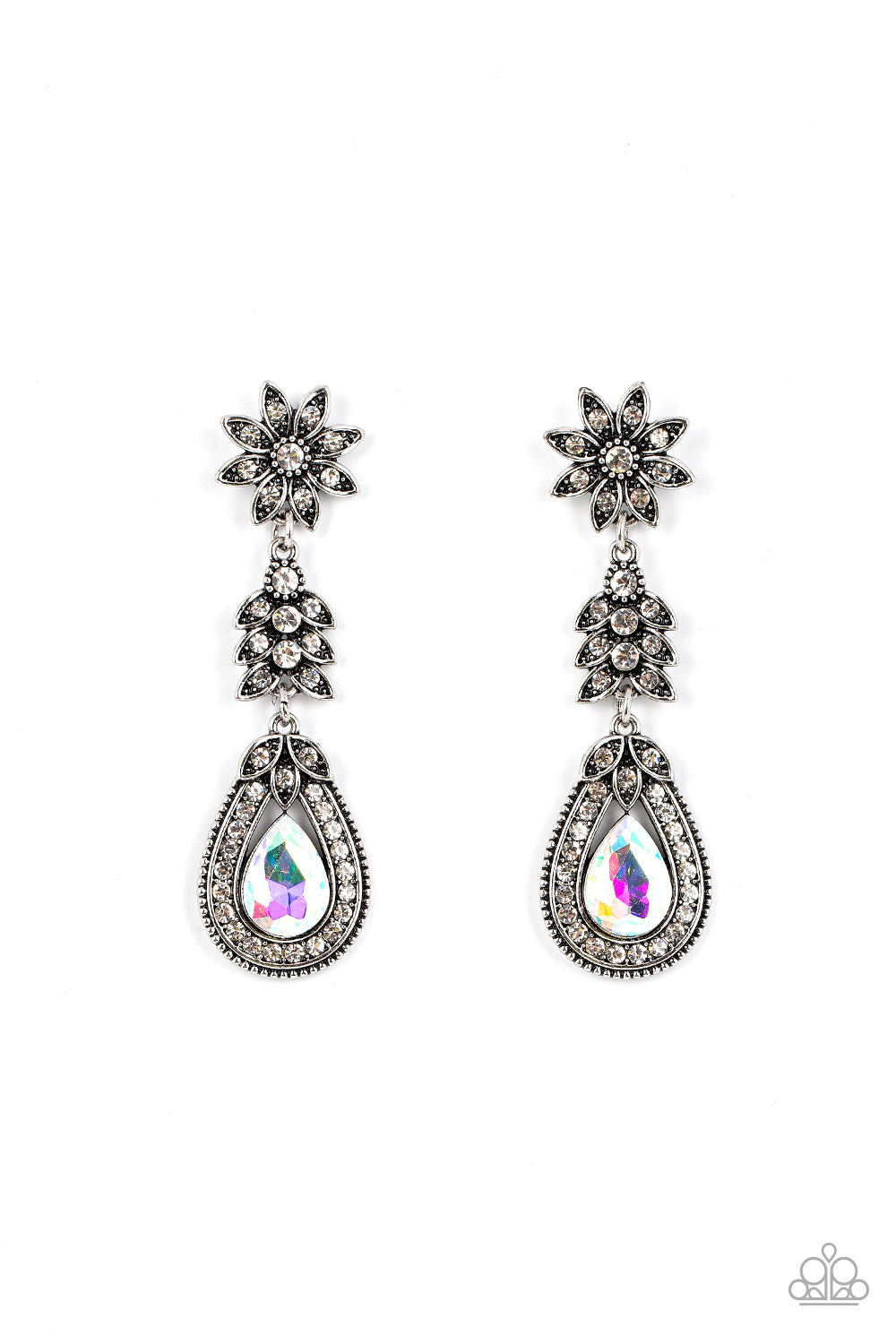 Floral Fantasy - Multi Iridescent White Rhinestone Teardrop Silver Flower Teardrop Earring Paparazzi E0771